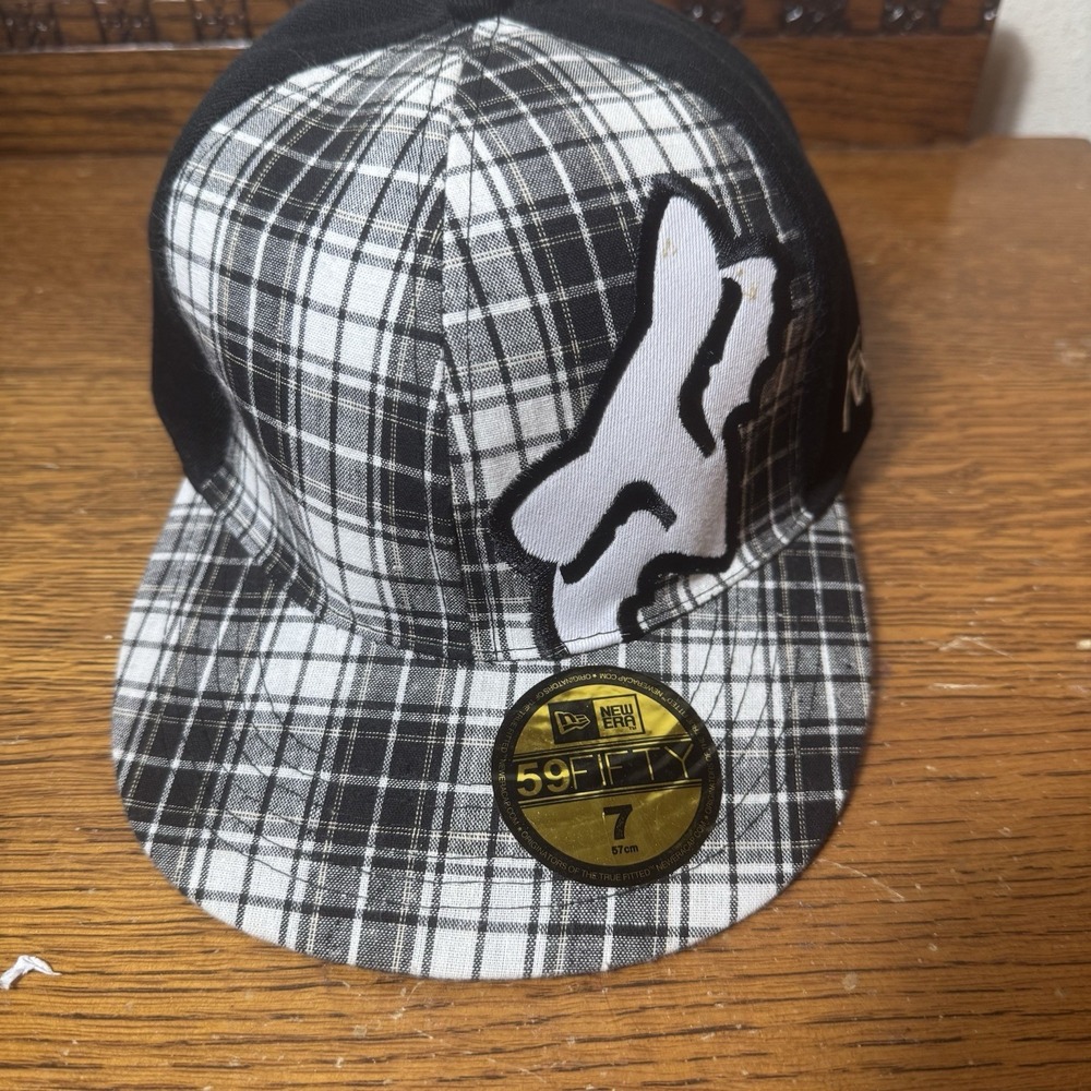 Fox Racing New Era 59FIFTY Hat Size 7 Black White Plaid Fitted Cap